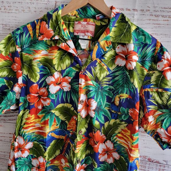 Vintage RJC Hawaiian Shirt Mens M Sunset Parrots Palm Leaf Floral Tropical EUC - Picture 3 of 8